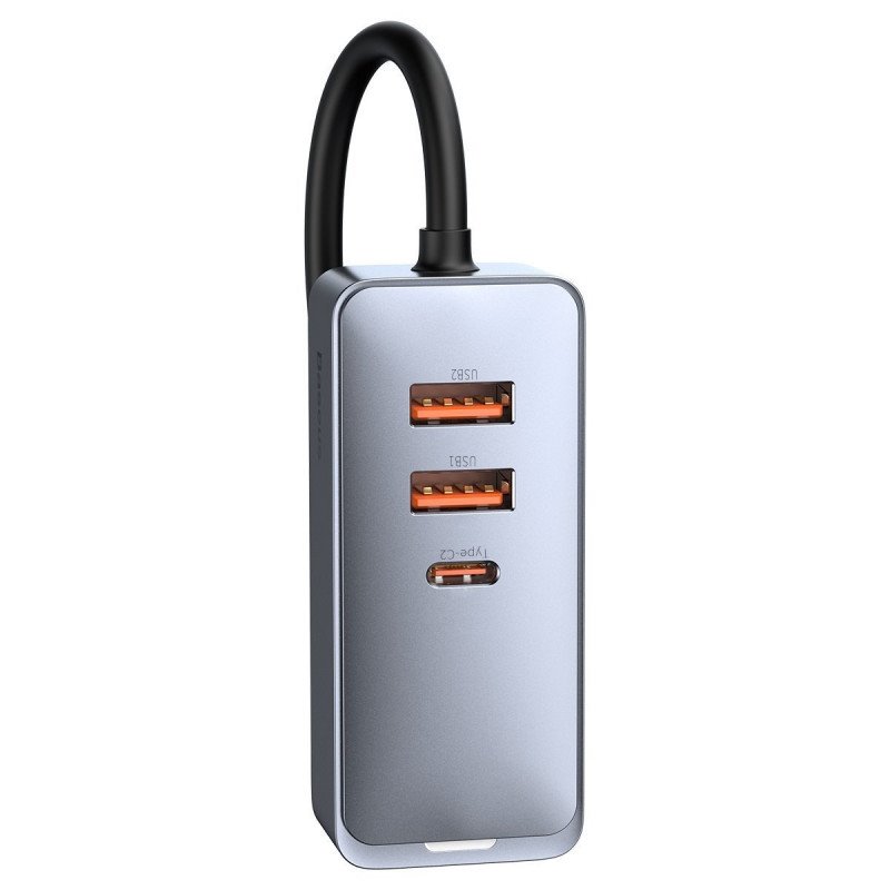 Obrázek Baseus CCBT-A0G Rychlá Nabíječka do Auta s Prodlužovacím Kabelem 120W 3x USB +1xUSB-C Gray