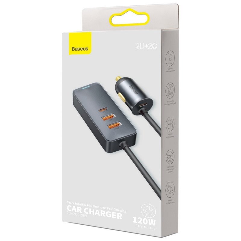 Obrázek Baseus CCBT-A0G Rychlá Nabíječka do Auta s Prodlužovacím Kabelem 120W 3x USB +1xUSB-C Gray