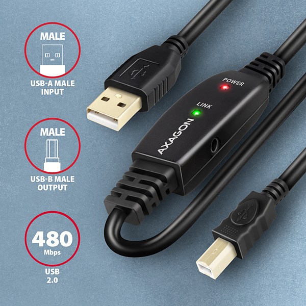 Obrázek AXAGON ADR-210B, USB 2.0 A-M -> B-M aktivní propojovací / repeater kabel, 10m