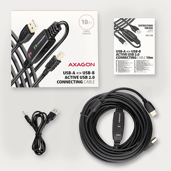Obrázek AXAGON ADR-210B, USB 2.0 A-M -> B-M aktivní propojovací / repeater kabel, 10m