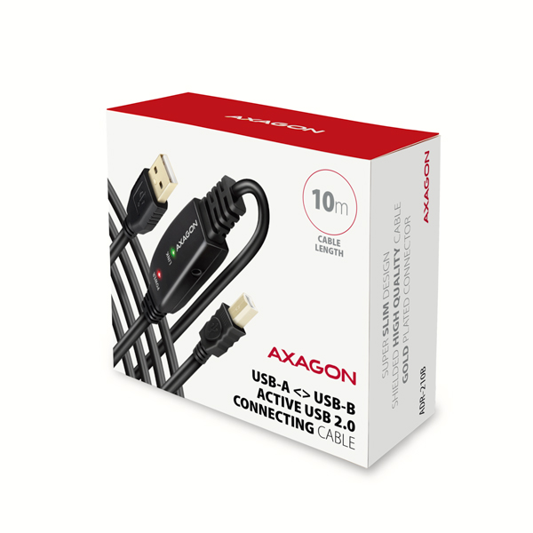 Obrázek AXAGON ADR-210B, USB 2.0 A-M -> B-M aktivní propojovací / repeater kabel, 10m