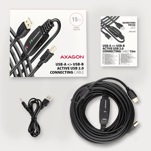 Obrázek AXAGON ADR-215B, USB 2.0 A-M -> B-M aktivní propojovací / repeater kabel, 15m