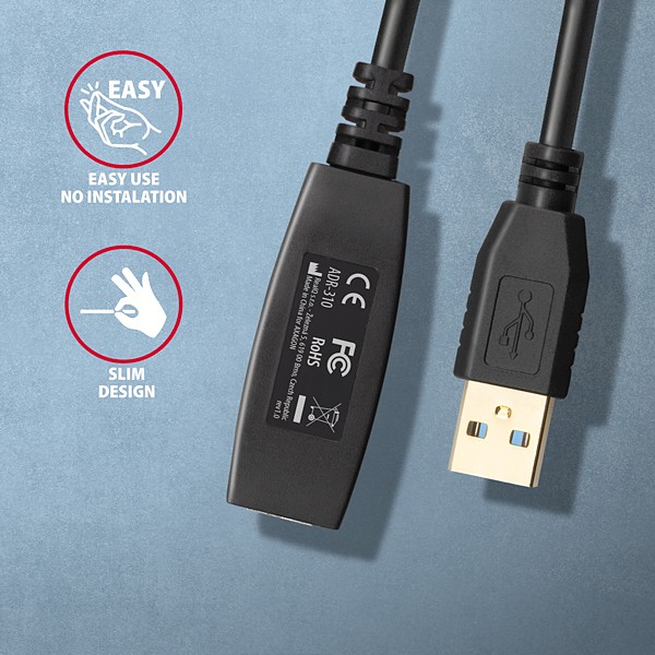 Obrázek AXAGON ADR-310, USB 3.2 Gen 1 A-M -> A-F aktivní prodlužovací / repeater kabel, 10m