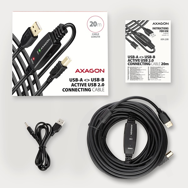 Obrázek AXAGON ADR-220B, USB 2.0 A-M -> B-M aktivní propojovací / repeater kabel, 20m