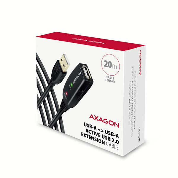 Obrázek AXAGON ADR-220, USB 2.0 A-M -> A-F aktivní prodlužovací / repeater kabel, 20m