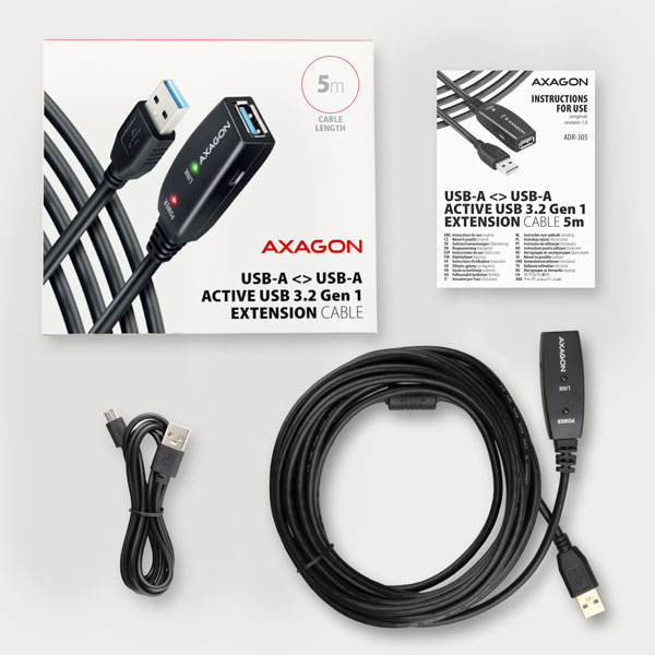 Obrázek AXAGON ADR-305, USB 3.2 Gen 1 A-M -> A-F aktivní prodlužovací / repeater kabel, 5m