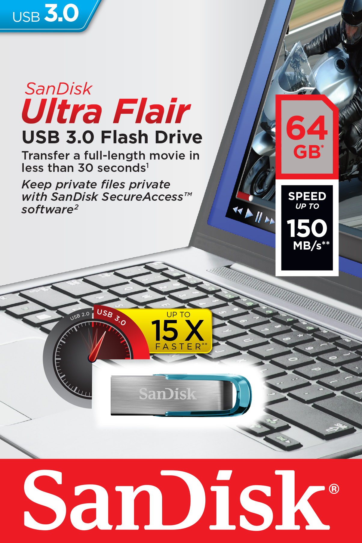Obrázek SanDisk Ultra Flair/64GB/150MBps/USB 3.0/USB-A/Modrá