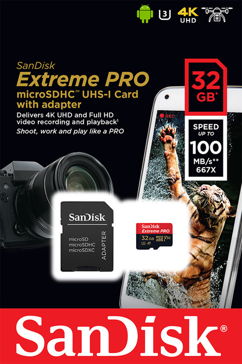 SanDisk Extreme PRO/micro SDHC/32GB/UHS-I U3 / Class 10/+ Adaptér