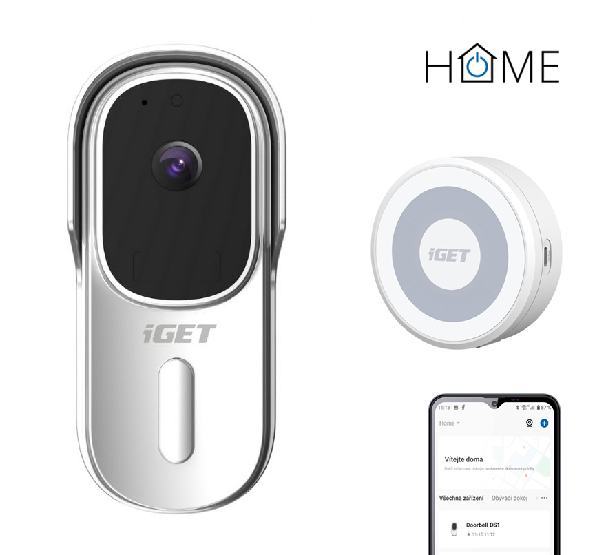 Obrázek iGET HOME Doorbell DS1 White + CHS1 White - WiFi bateriový videozvonek, set s reproduktorem, CZ app