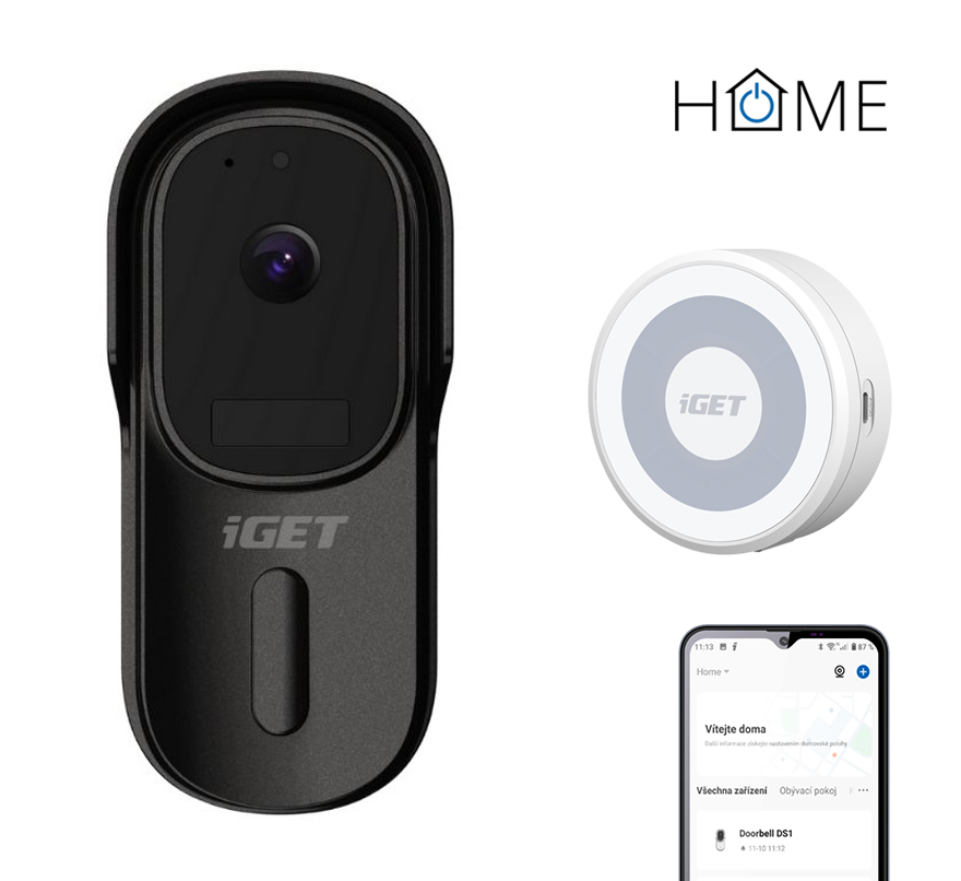 Obrázek iGET HOME Doorbell DS1 Black + CHS1 White - WiFi bateriový videozvonek, set s reproduktorem, CZ app