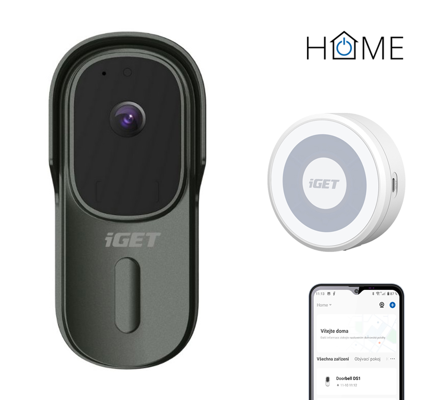 Obrázek iGET HOME Doorbell DS1 Anthracite + CHS1 White - WiFi bateriový videozvonek, set s reproduktorem, CZ