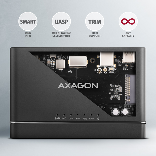 Obrázek AXAGON ADSA-CC USB-C 10Gbps - NVMe M.2 SSD & SATA 2.5"/3.5" SSD/HDD CLONE MASTER 2