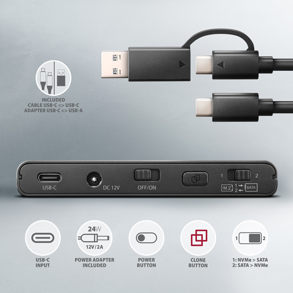 Obrázek AXAGON ADSA-CC USB-C 10Gbps - NVMe M.2 SSD & SATA 2.5"/3.5" SSD/HDD CLONE MASTER 2