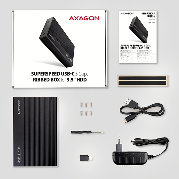 Obrázek AXAGON EE35-GTR, USB-C 5Gbps - SATA 6G 3.5" RIBBED box, černý