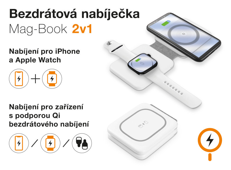 Obrázek Bezdrátová nabíječka ALIGATOR Mag-Book 2v1, určeno pro MagSafe a nabíjení Apple Watch, 15W, bílá