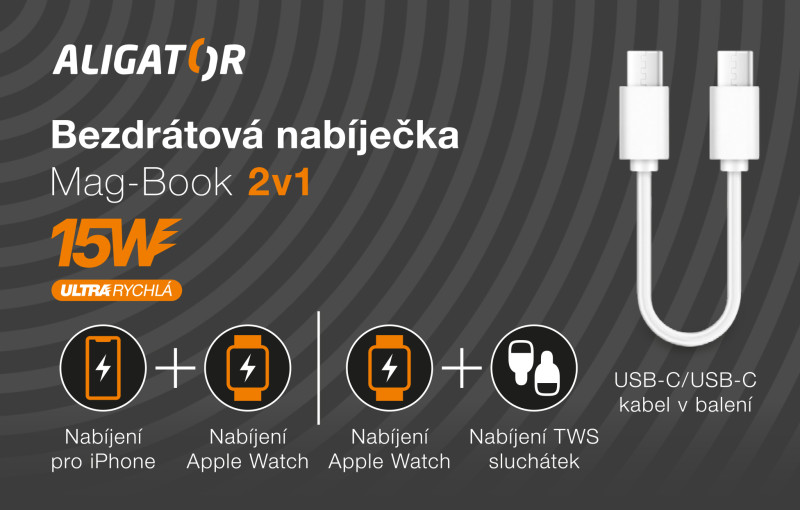 Obrázek Bezdrátová nabíječka ALIGATOR Mag-Book 2v1, určeno pro MagSafe a nabíjení Apple Watch, 15W, bílá