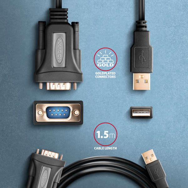 Obrázek AXAGON ADS-1PQN, USB-A 2.0 - sériový RS-232 DB9-M FTDI adaptér / kabel 1.5m