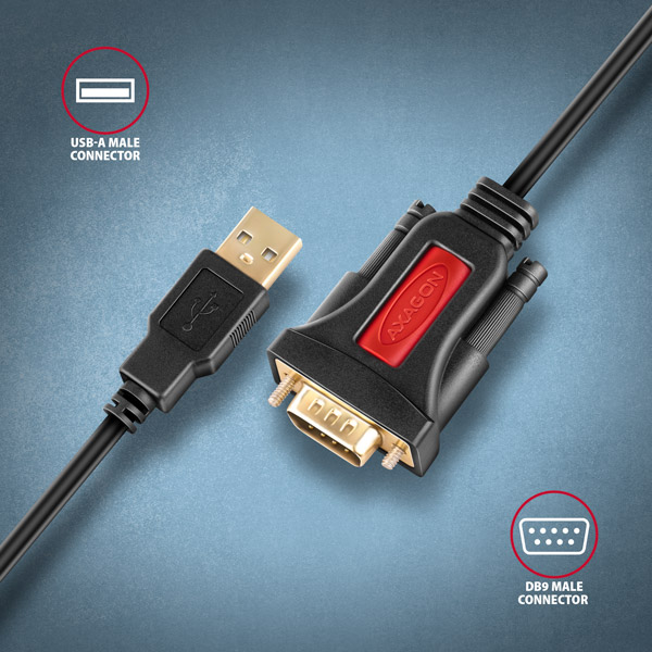 Obrázek AXAGON ADS-1PSN, USB-A 2.0 - sériový RS-232 DB9-M Prolific adaptér / kabel 1.5m