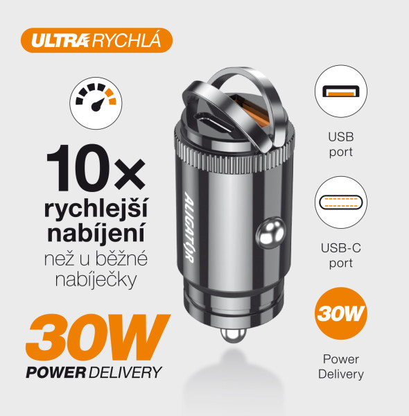 Obrázek Aligator mini nabíječka do auta Power Delivery 30W, USB-C + USB-A, USB-C/USB-C kabel