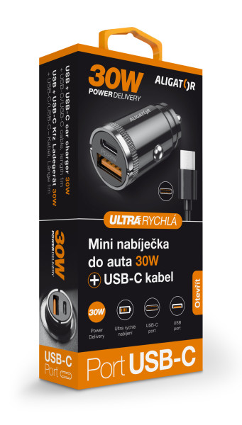 Obrázek Aligator mini nabíječka do auta Power Delivery 30W, USB-C + USB-A, USB-C/USB-C kabel