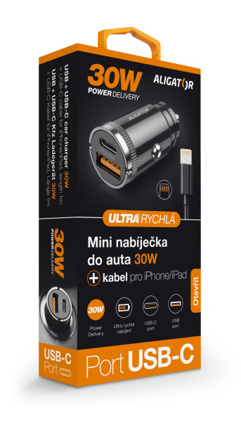 Obrázek Aligator mini nabíječka do auta Power Delivery 30W,USB-C + USB-A, USB-C kabel pro iPhone/iPad