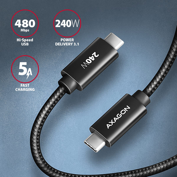 Obrázek AXAGON BUCM2-CM20AB, CHARGE kabel USB-C <-> USB-C, 2m, Hi-Speed USB, PD 240W 5A, ALU, oplet, černý