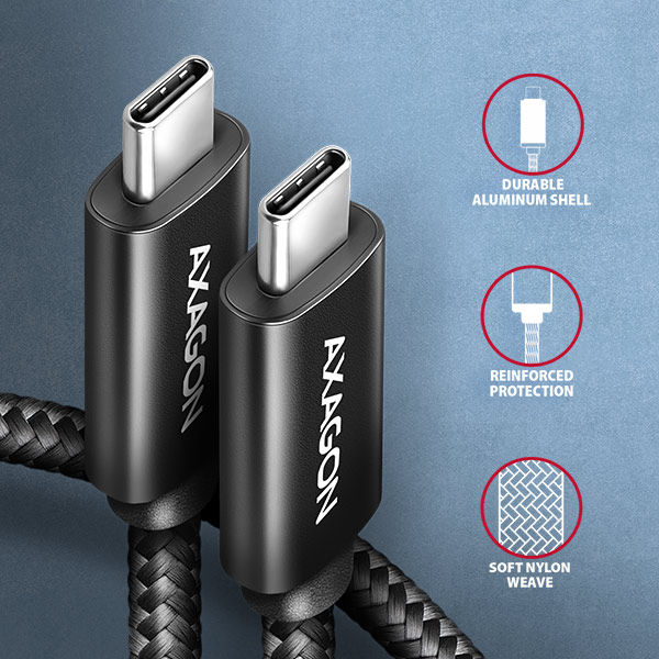 Obrázek AXAGON BUCM2-CM20AB, CHARGE kabel USB-C <-> USB-C, 2m, Hi-Speed USB, PD 240W 5A, ALU, oplet, černý