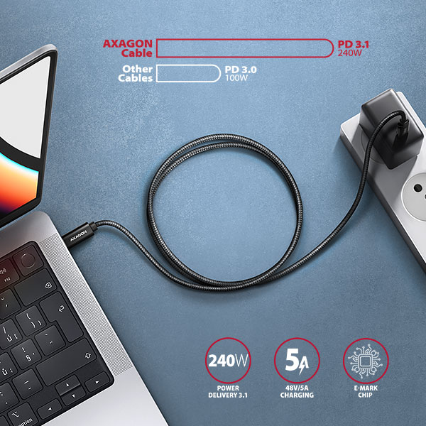 Obrázek AXAGON BUCM2-CM20AB, CHARGE kabel USB-C <-> USB-C, 2m, Hi-Speed USB, PD 240W 5A, ALU, oplet, černý