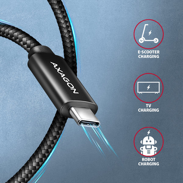 Obrázek AXAGON BUCM2-CM20AB, CHARGE kabel USB-C <-> USB-C, 2m, Hi-Speed USB, PD 240W 5A, ALU, oplet, černý