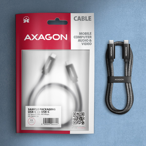 Obrázek AXAGON BUCM2-CM20AB, CHARGE kabel USB-C <-> USB-C, 2m, Hi-Speed USB, PD 240W 5A, ALU, oplet, černý