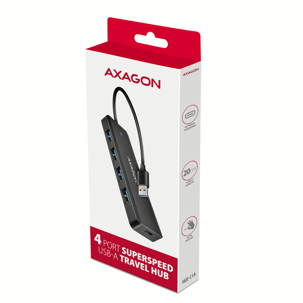 Obrázek AXAGON HUE-C1A, 4x USB 5Gbps TRAVEL hub, USB-C napájecí konektor, kabel USB-A 19cm