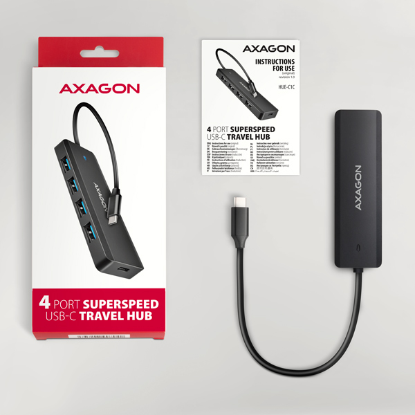 Obrázek AXAGON HUE-C1C, 4x USB 5Gbps TRAVEL hub, USB-C napájecí konektor, kabel USB-C 19cm