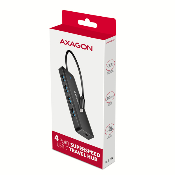 Obrázek AXAGON HUE-C1C, 4x USB 5Gbps TRAVEL hub, USB-C napájecí konektor, kabel USB-C 19cm