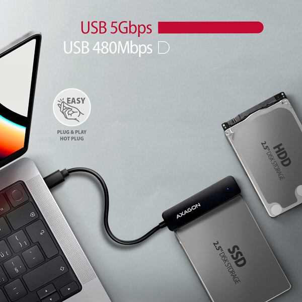 Obrázek AXAGON ADSA-FP2C, USB-C 5Gbps - SATA 6G 2.5" SSD/HDD SLIM adaptér