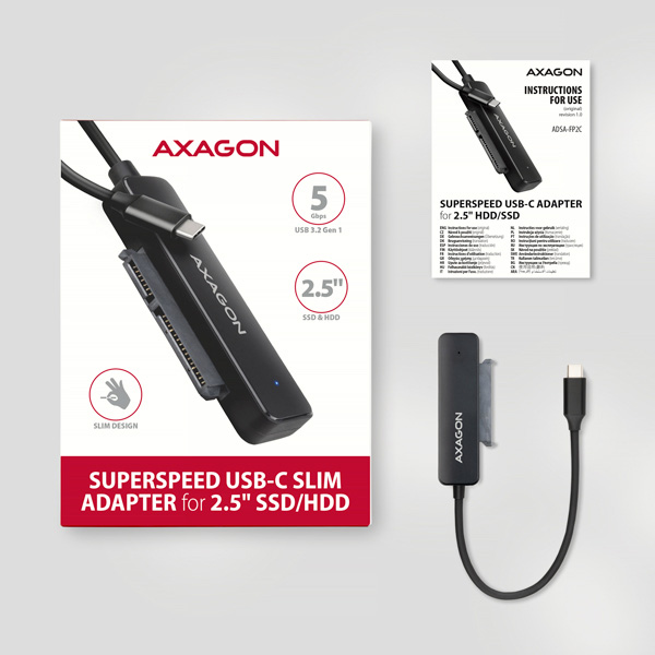 Obrázek AXAGON ADSA-FP2C, USB-C 5Gbps - SATA 6G 2.5" SSD/HDD SLIM adaptér