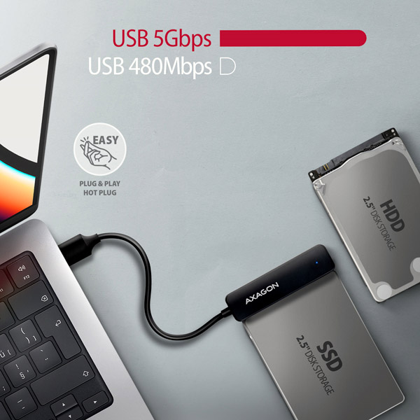 Obrázek AXAGON ADSA-FP2A, USB-A 5Gbps - SATA 6G 2.5" SSD/HDD SLIM adaptér