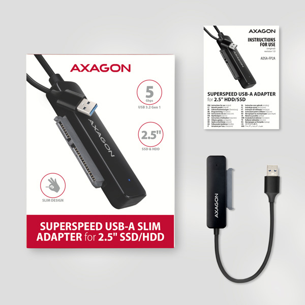 Obrázek AXAGON ADSA-FP2A USB-A 5Gbps - SATA 6G 2.5" SSD/HDD SLIM adaptér