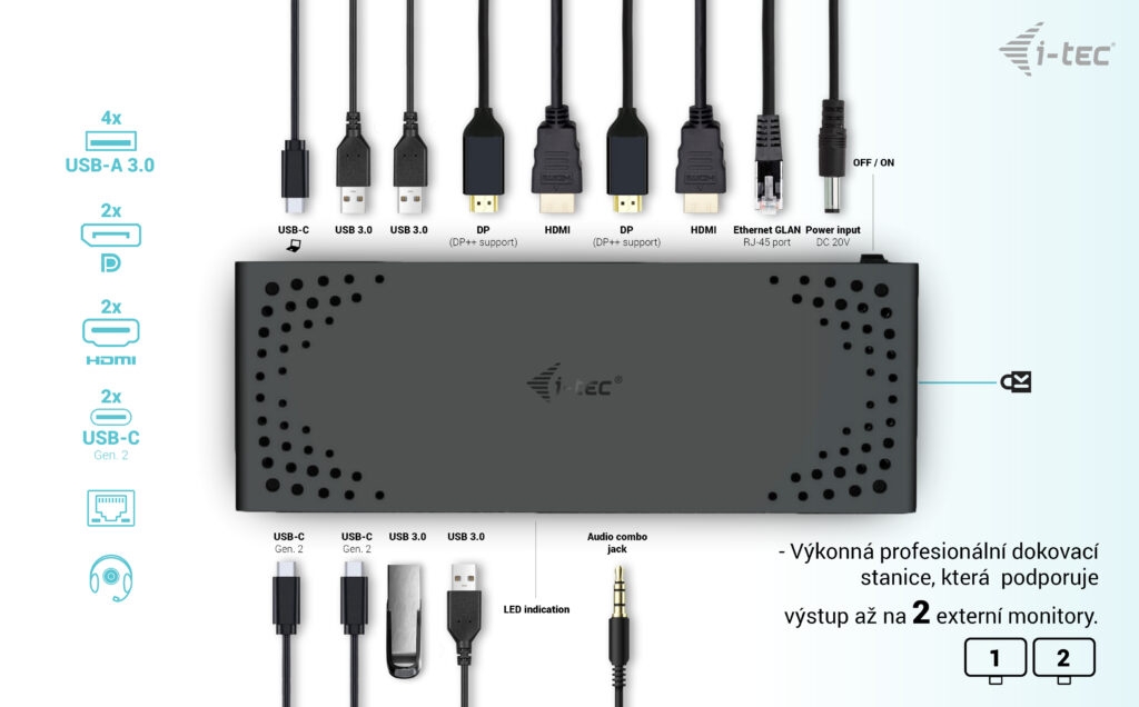 Obrázek i-tec USB 3.0 / USB-C / Thunderbolt Dual Display Docking Station, PD 100W