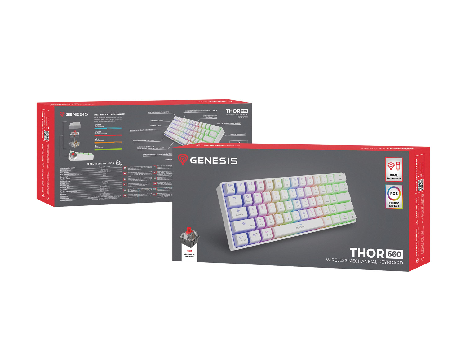 Obrázek Genesis herní klávesnice THOR 660/RGB/Gateron Brown/Bezdrátová USB + Bluetooth/US layout/Bílá