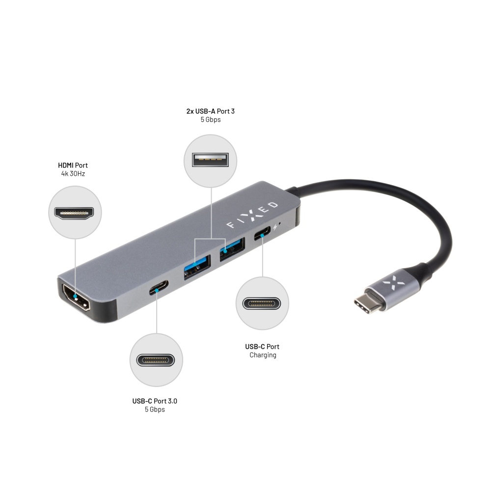 Obrázek 5-portový hliníkový USB-C FIXED HUB Mini