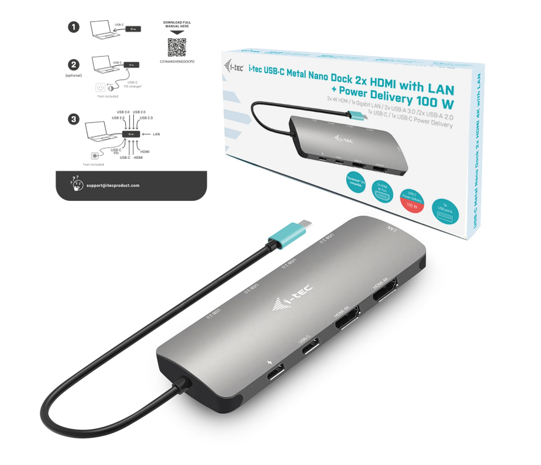 Obrázek i-tec USB-C Metal Nano 2x HDMI Docking Station, PD 100W