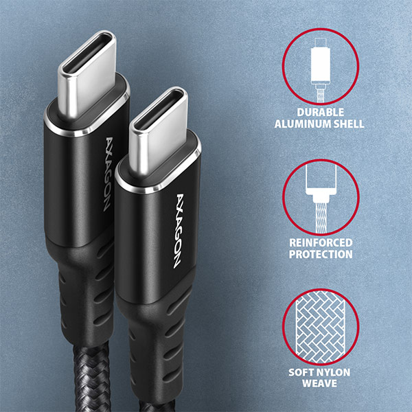 Obrázek AXAGON BUCM-CM15AB, HQ kabel USB-C <-> USB-C, 1.5m, USB 2.0, PD 60W 3A, ALU, oplet, černý