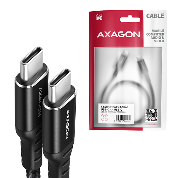 Obrázek AXAGON BUCM-CM15AB, HQ kabel USB-C <-> USB-C, 1.5m, USB 2.0, PD 60W 3A, ALU, oplet, černý