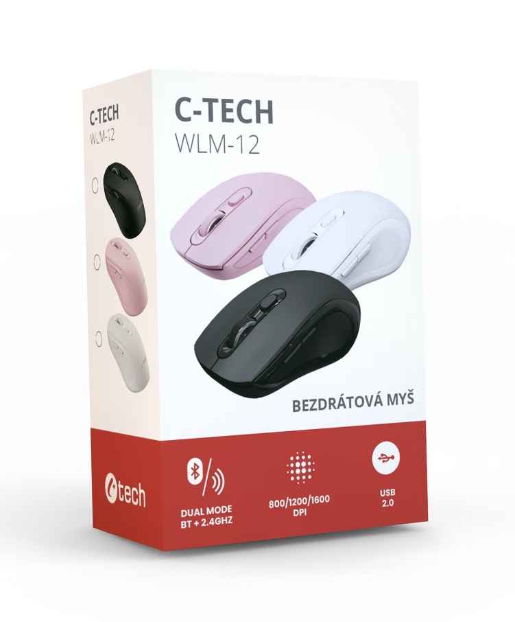 Obrázek C-TECH WLM-12BK/Ergonomická/Optická/Pro praváky/Bezdrátová USB + Bluetooth/Černá