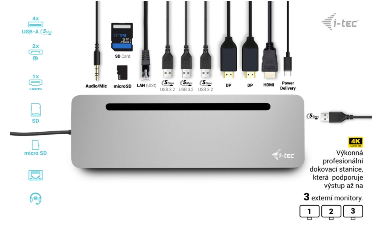 Obrázek i-tec USB-C Metal Ergonomic 3x 4K Display Docking Station, Power Delivery 100 W