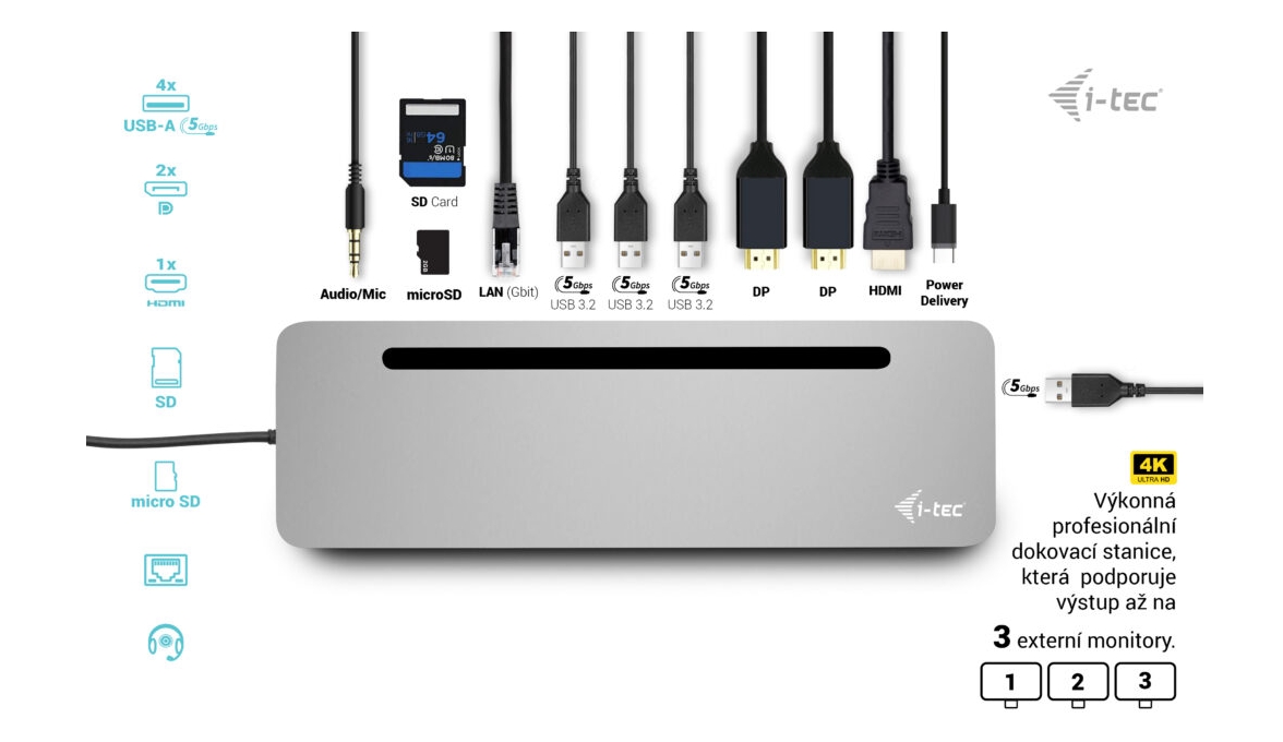 Obrázek i-tec USB-C Metal Ergonomic 3x 4K Display Docking Station, PD100W + i-tec Universal Charger 100W