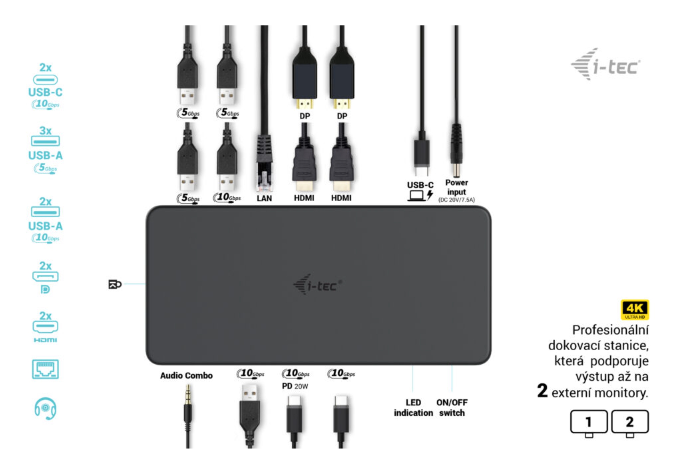 Obrázek i-tec USB 3.0/USB-C/Thunderbolt 3 Professional Dual 4K Display Docking Station Gen2, PD 100W