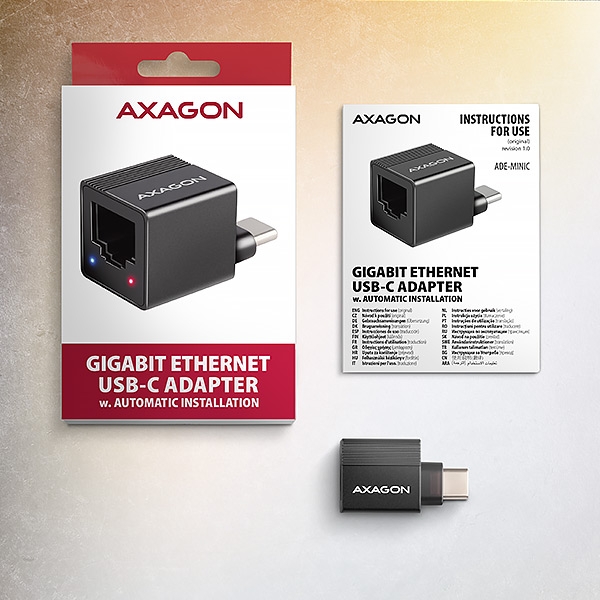 Obrázek AXAGON ADE-MINIC USB-C 3.2 Gen 1 - Gigabit Ethernet MINI síťová karta, Realtek 8153, auto instal