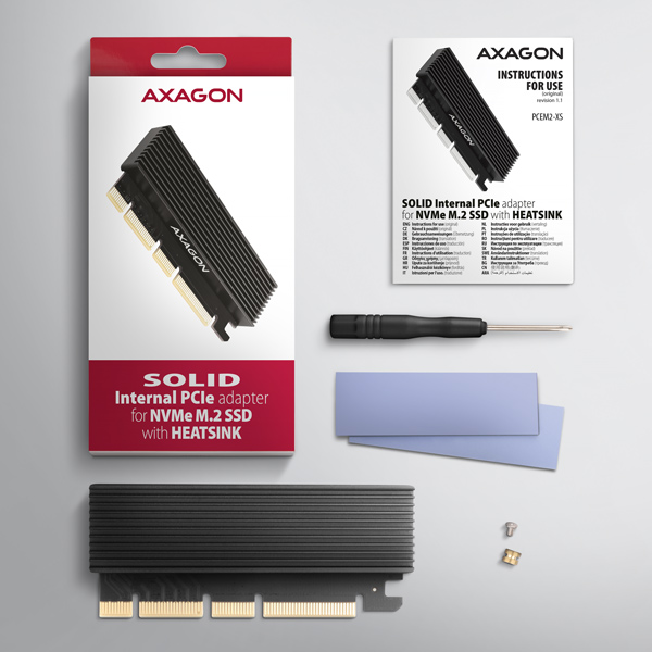 Obrázek AXAGON PCEM2-XS, PCIe x16 - M.2 NVMe M-key slot adaptér, kryt s chladičem pro pasivní chlazení