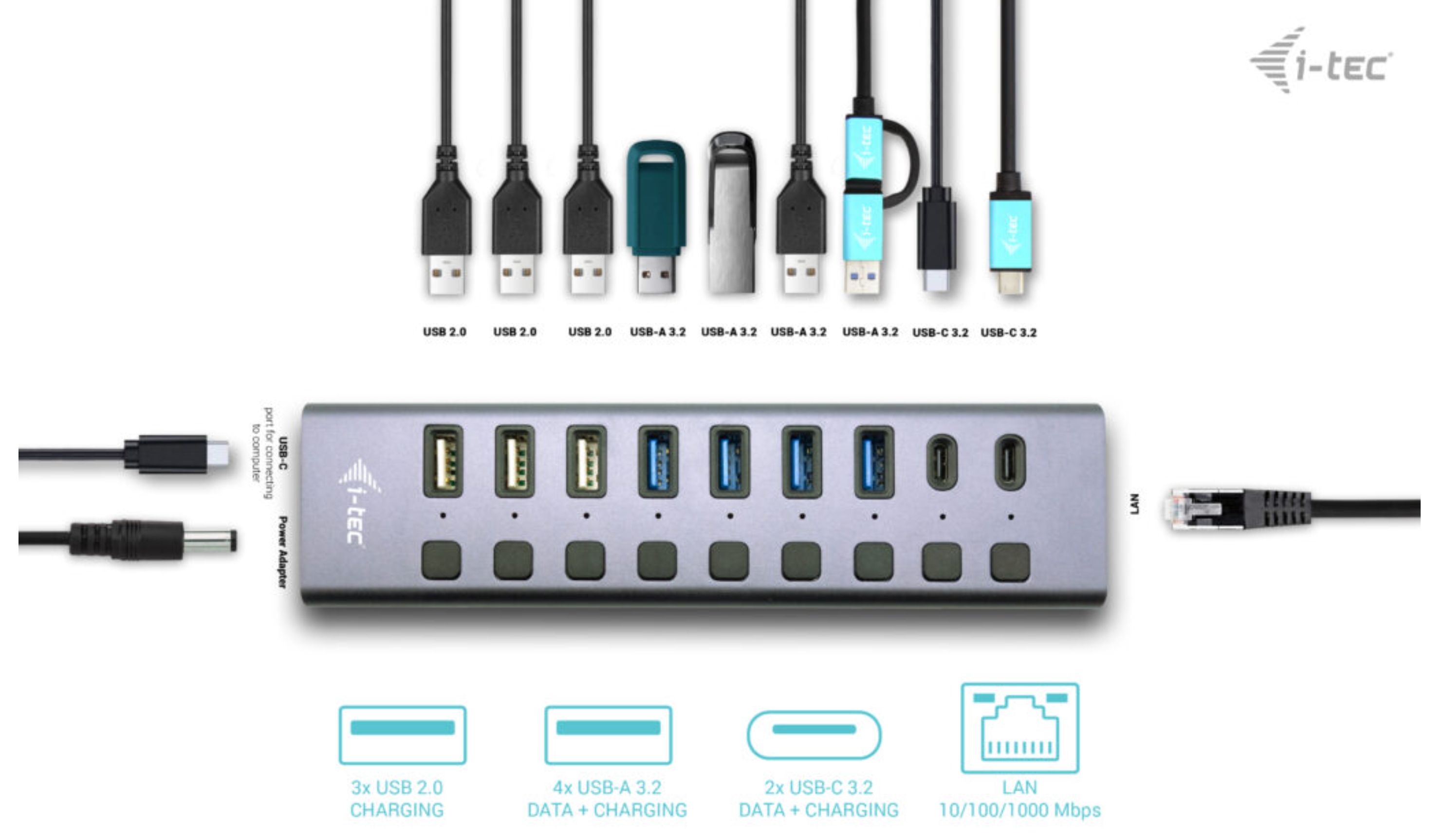 Obrázek i-tec USB 3.0/USB-C Charging HUB 9port LAN + Power Adapter 60W